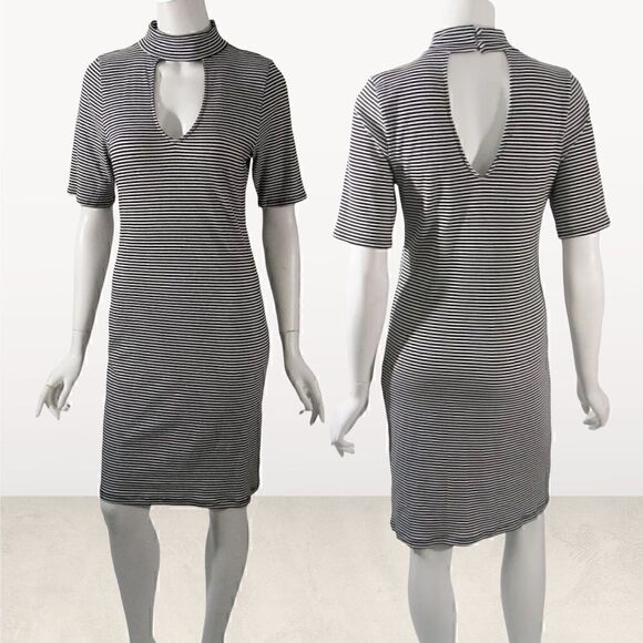 Bebe Black & White Strip Cut Out Dress - Picture 1 of 5